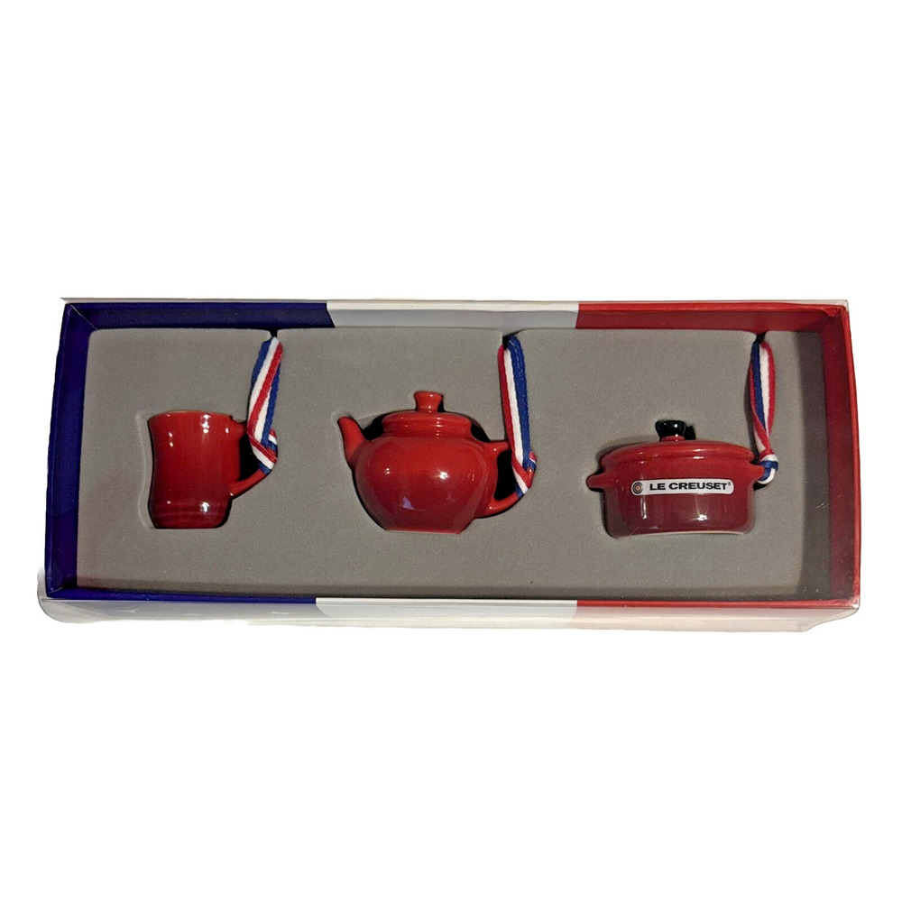 Le Creuset Christmas Mini Ornament Cerise Red Set of 3 Mug Teapot Dutch Oven NWT